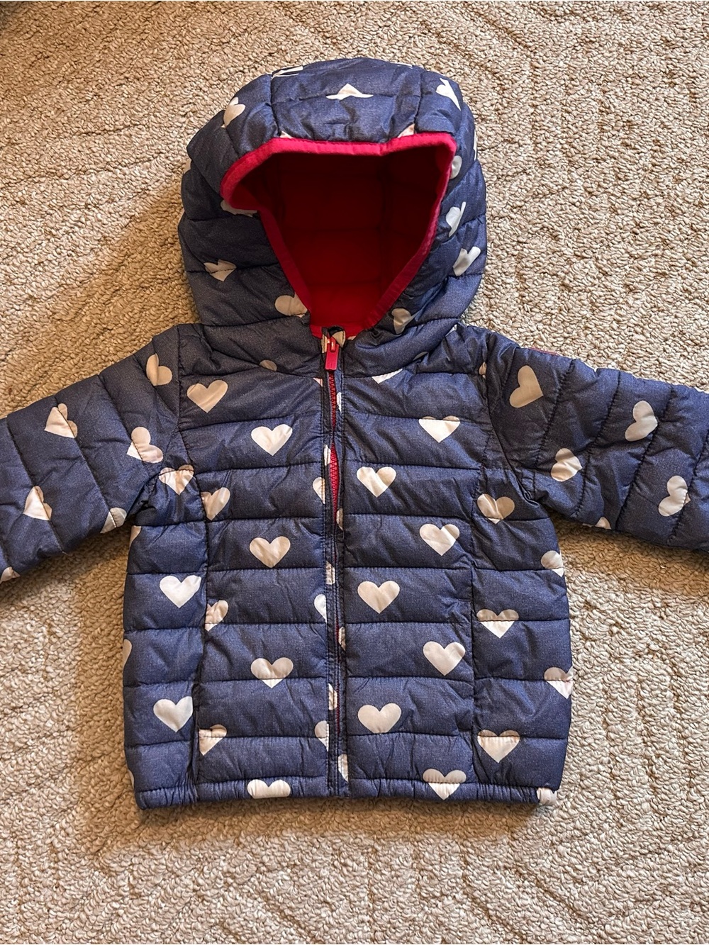 GAP Navy Heart Print Puffer Jacket with pink hood and inside Lining